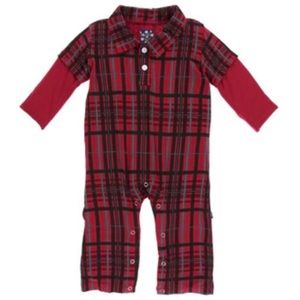 Kickee Pants Long Sleeve Red Plaid Polo Romper Bamboo Sz 6-12 Months